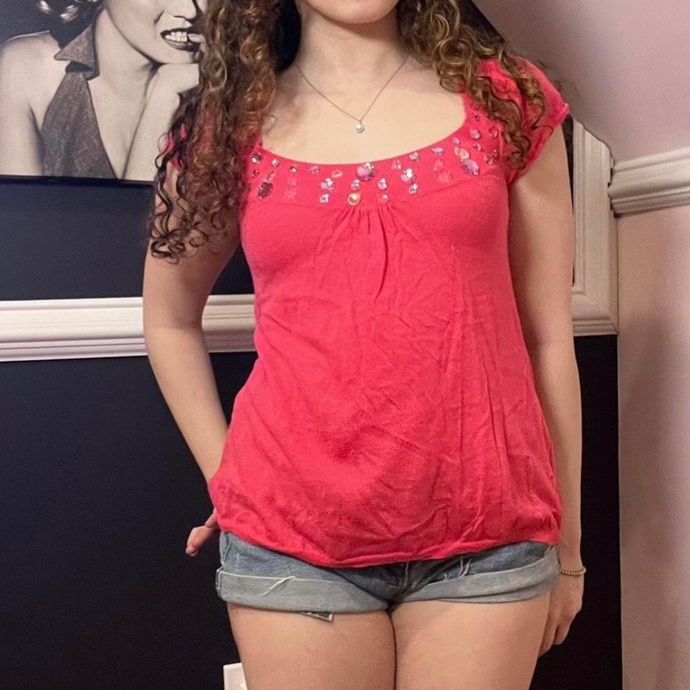 y2k hot pink babydoll rhinestone top xs